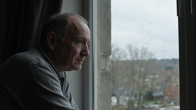 Lonely elderly man gazing out a window radiating melancholy under soft light
