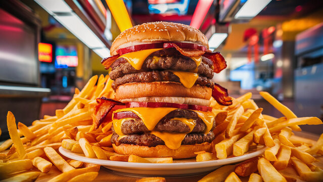 A towering double cheeseburger loaded with juicy beef patties, crispy bacon, melted cheddar cheese, and fresh tomatoes, served with a generous portion of golden fries.