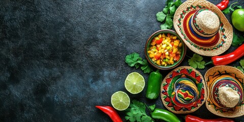 Fototapeta premium Colorful sombreros and fresh ingredients arranged for a festive Mexican cooking event in a vibrant kitchen setting