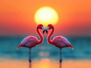 Fototapeta premium Flamingos display affection at sunset beach nature photography serene atmosphere close-up view love concept