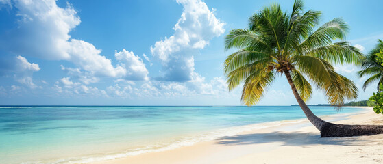 Fototapeta premium serene tropical beach with palm tree, clear blue water, and fluffy clouds. scene evokes relaxation and tranquility, perfect for getaway