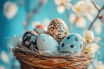 Beautiful Easter card. Bright spring background with flowers, Easter eggs in a basket.