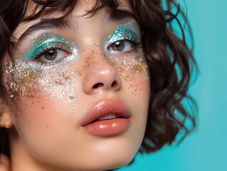 A young woman with short, curly hair and striking glitter makeup, exuding confidence against a bright turquoise background. Dazzling Beauty, Glistening Beauty, Sparkling Vision