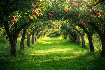 Naklejka premium Sunlit orchard with rows of lush green trees forming a natural tunnel