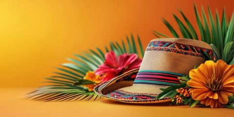 Vibrant sun hat decorated with flowers and palm leaves on a warm orange background