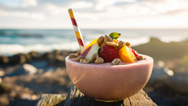 A refreshing smoothie bowl with fresh fruits and nuts, enjoyed by the beach