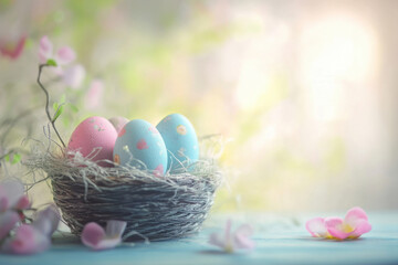 Beautiful Easter card. Bright spring background with flowers, Easter eggs in a basket. Traditional Easter illustration. Easter gift card. Copy space