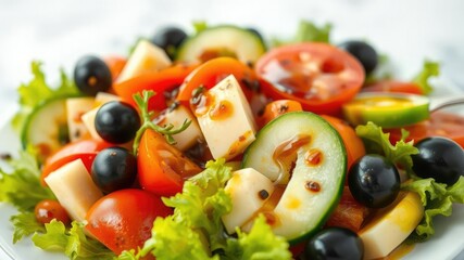 Fresh mixed salad with tomatoes, cucumbers, and black olives drizzled with olive oil and balsamic vinegar, fresh, delicious