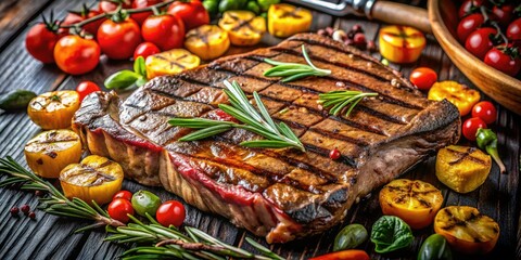 Fototapeta premium Savor a juicy, medium-rare T-bone steak, expertly grilled with fresh vegetables.