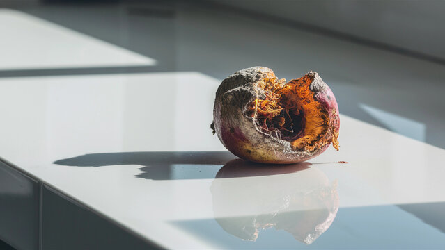 A rotting peach on a glossy white surface, highlighting the effects of time and decay