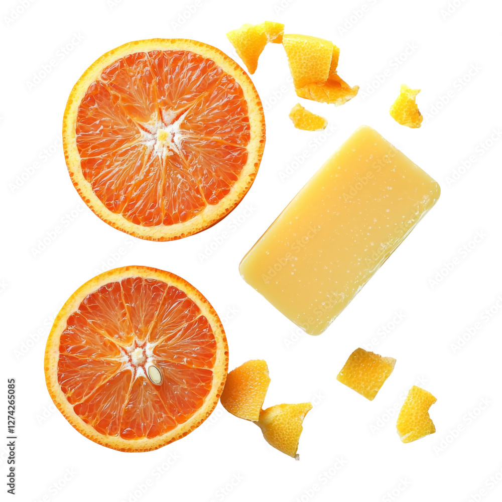 Poster fresh orange slices with zest and bar of yellow soap create vibrant composition. bright colors evoke