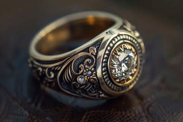 Elegant vintage ring resting on weathered wood in natural light captures intricate design and sparkling gemstone during late afternoon