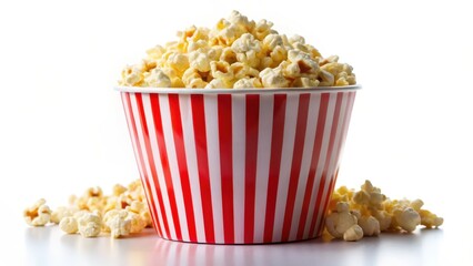 Popcorn in Striped Bucket on White Background