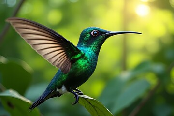 Obraz premium Stunning Emerald Hummingbird in Flight Among Lush Foliage
