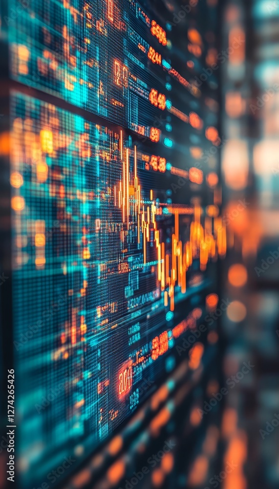 Poster financial data visualization dynamic line graph overlaying blue column chart on dark background