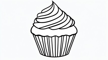 a cupcake cartoon outline, dessert theme, playful line art, black and white, isolated on white background