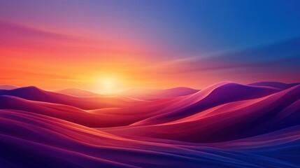 A breathtaking sunset over rolling hills, featuring vibrant shades of purple and orange. The tranquil scene evokes a sense of peace and natural beauty, perfect for relaxation.