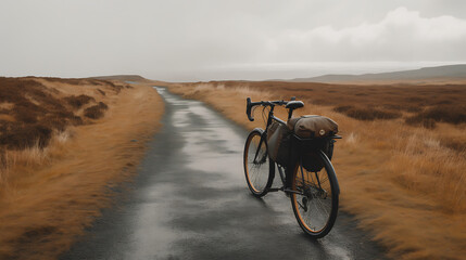 Fototapeta premium A bicycle is parked on a road in a field