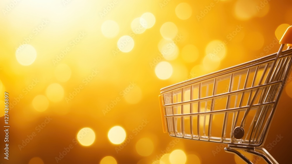 Poster a close-up view of an empty shopping cart with a warm golden bokeh background, symbolizing consumeri