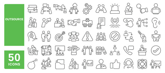 Set of 50 line icons related to outsource, assistant, business, partnership, team, efficiency, delegate, risk, remote, work, support, experience, outsourcing, Editable stroke. Vector illustration