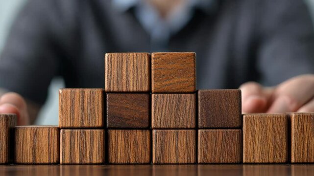 An executive selecting a wooden cube on a table, symbolizing the search for new investment opportunities and risk diversification for optimal returns.
