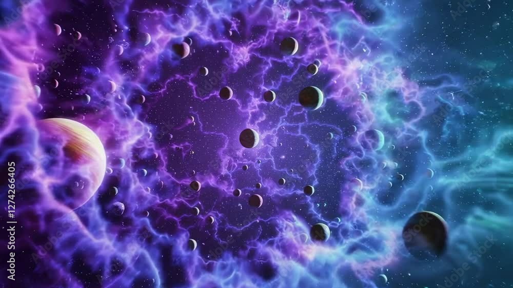 Poster purple and blue nebulae surround planets in an ethereal cosmic landscape, creating a mesmerizing slo