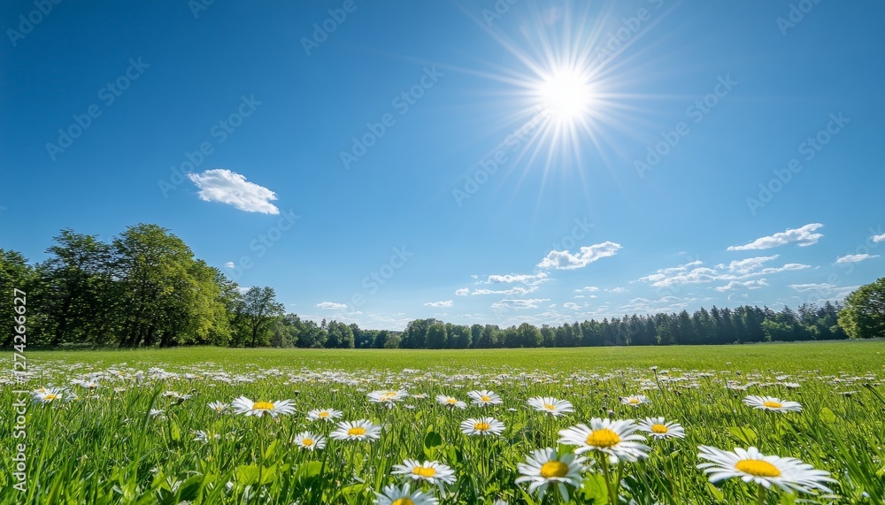 Canvas Prints Sunny Meadow in Bloom A Panoramic View of Daisies, Lush Green Grass, and a Clear Blue Sky