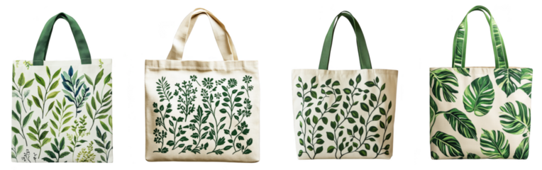 Elegant collection of tote bags showcasing vibrant botanical leaf patterns