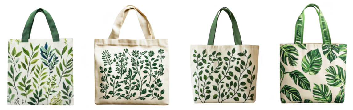 Elegant collection of tote bags showcasing vibrant botanical leaf patterns