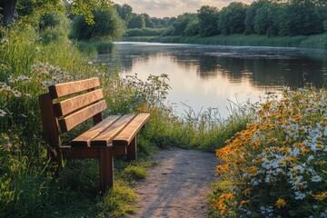 Fototapeta premium Wooden park bench overlooking a quiet lake with lush trees around