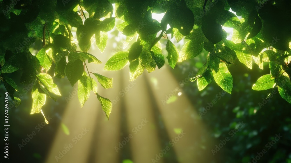 Poster sunlight filtering through lush green leaves, creating a serene and tranquil atmosphere in a forest.