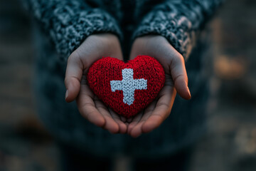 Fototapeta premium World Health Day. Heart with ECG line. Hands in blue scrubs hold a cross-topped icon with a red heart, surrounded by medical equipment. Focus on care, health, and medical innovation.