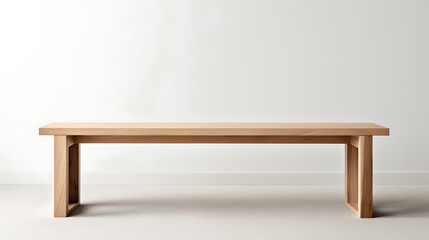 A wooden bench is sitting in front of a white wall