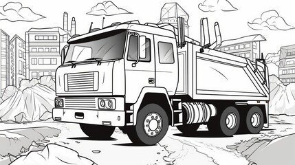 Garbage truck line drawing on suburban street. Neural network AI generated