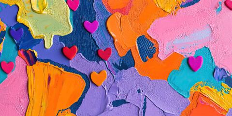 Abstract Painting with Multicolored Brushstrokes and Hearts