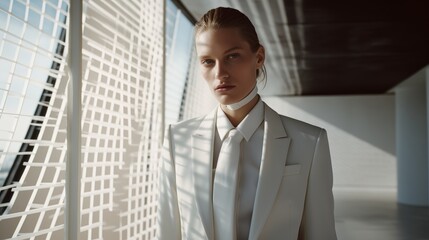 Fototapeta premium Young caucasian female in white suit standing in modern interior with abstract shadows