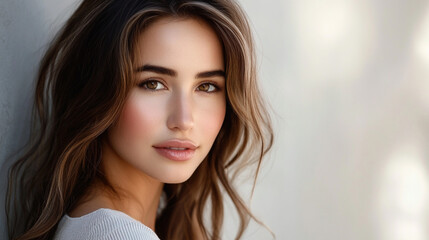Fototapeta premium A close-up portrait of a young woman with beautiful hair and captivating eyes, exuding confidence and elegance against a soft background. Ideal for fashion and beauty themes.