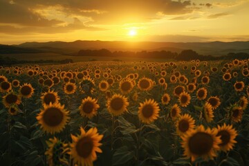 Fototapeta premium Sunflowers bloom under the golden sunset skies in a vibrant field during late summer afternoon