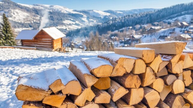 A pile of wood is stacked next to a cabin in the snow - Powered by Adobe