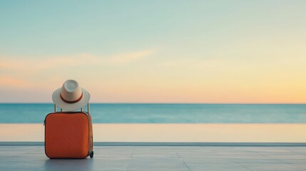 Vibrant luggage display airport terminal travel gear serene environment scenic view colorful adventure