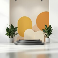 "Modern Minimalist Presentation Stage with Organic Shapes"