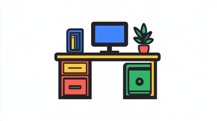 Colorful office desk with computer, books, and plant.  Possible use Stock photo for office supplies or home office design