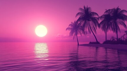 Pink Sunset Over Tropical Island Palm Trees