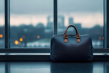 Elegant travel bags adorning a panoramic airport view stylish luggage display modern environment travel inspiration