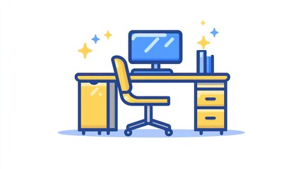 Clean office desk with computer, chair, and books