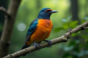 Fototapeta premium Vibrant Blue and Orange Bird Perched on Branch in Lush Forest