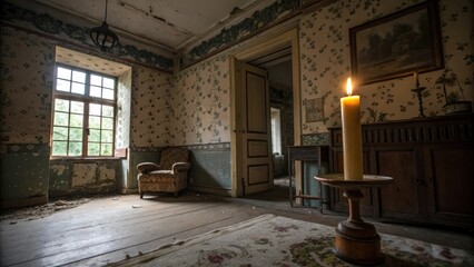 Flickering candlelight in a dimly lit room with peeling wallpaper and worn furniture, wear, room, flicker, worn, candle