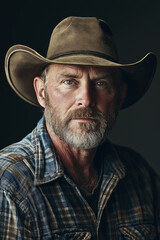 Portrait of a mature man wearing a brown cowboy hat and plaid shirt