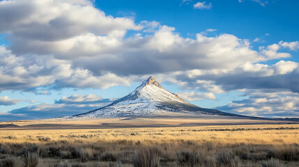 A mountain with snow on it is in the background of a field