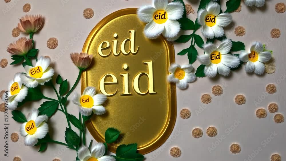Poster A gold sign with a flowery design and the word Eid written on it. The sign is placed on a surface with a pattern of dots